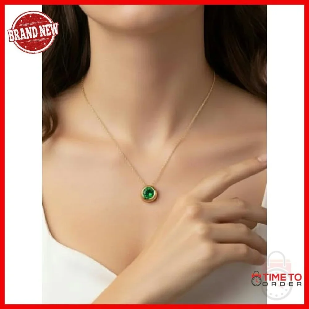 2CT Lab Emerald Pendant Necklace 925 Sterling Silver Adjustable Chain
